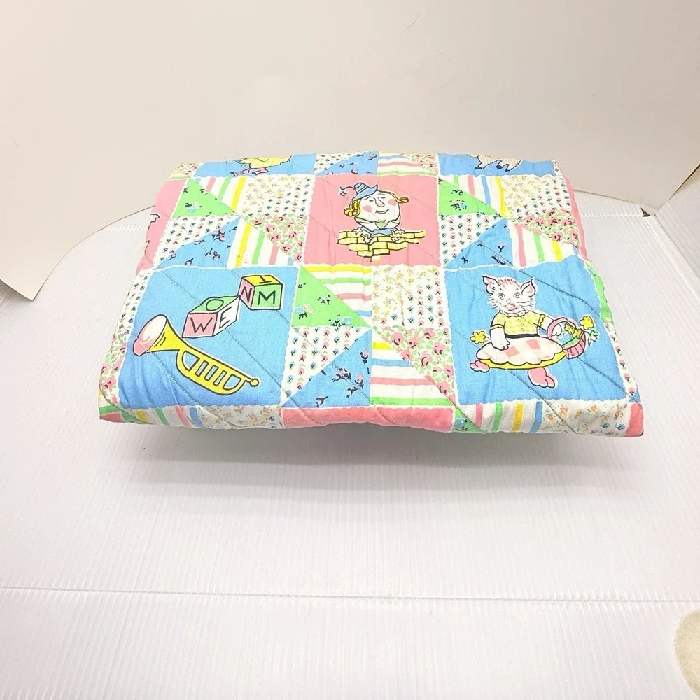 Vintage Nursery Rhyme Baby Quilt Humpty Dumpty Kittens Trains Rocking Horse